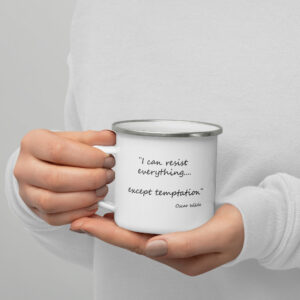 Oscar Wilde quote 'Resist Temptation' Enamel Mug